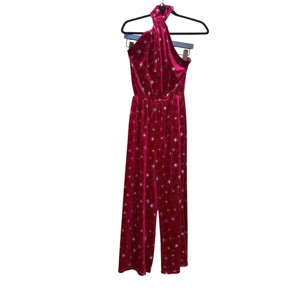 Smak Parlour Elegant Red Velvet with silver stars Jumpsuit medium Star Belt